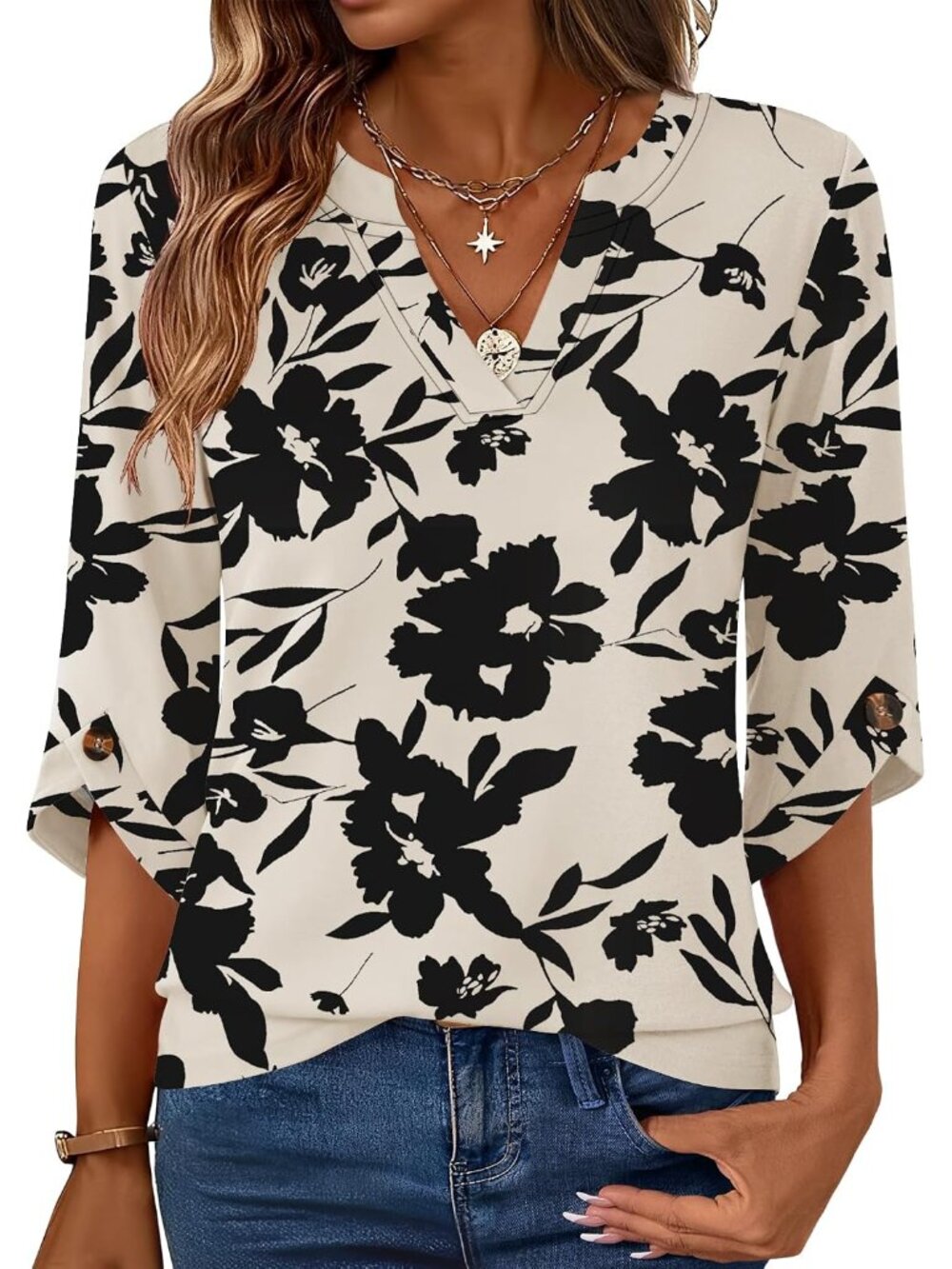 Chic Floral 3/4 Sleeve Tunic Top - Stylish Business Casual Blouse for Women